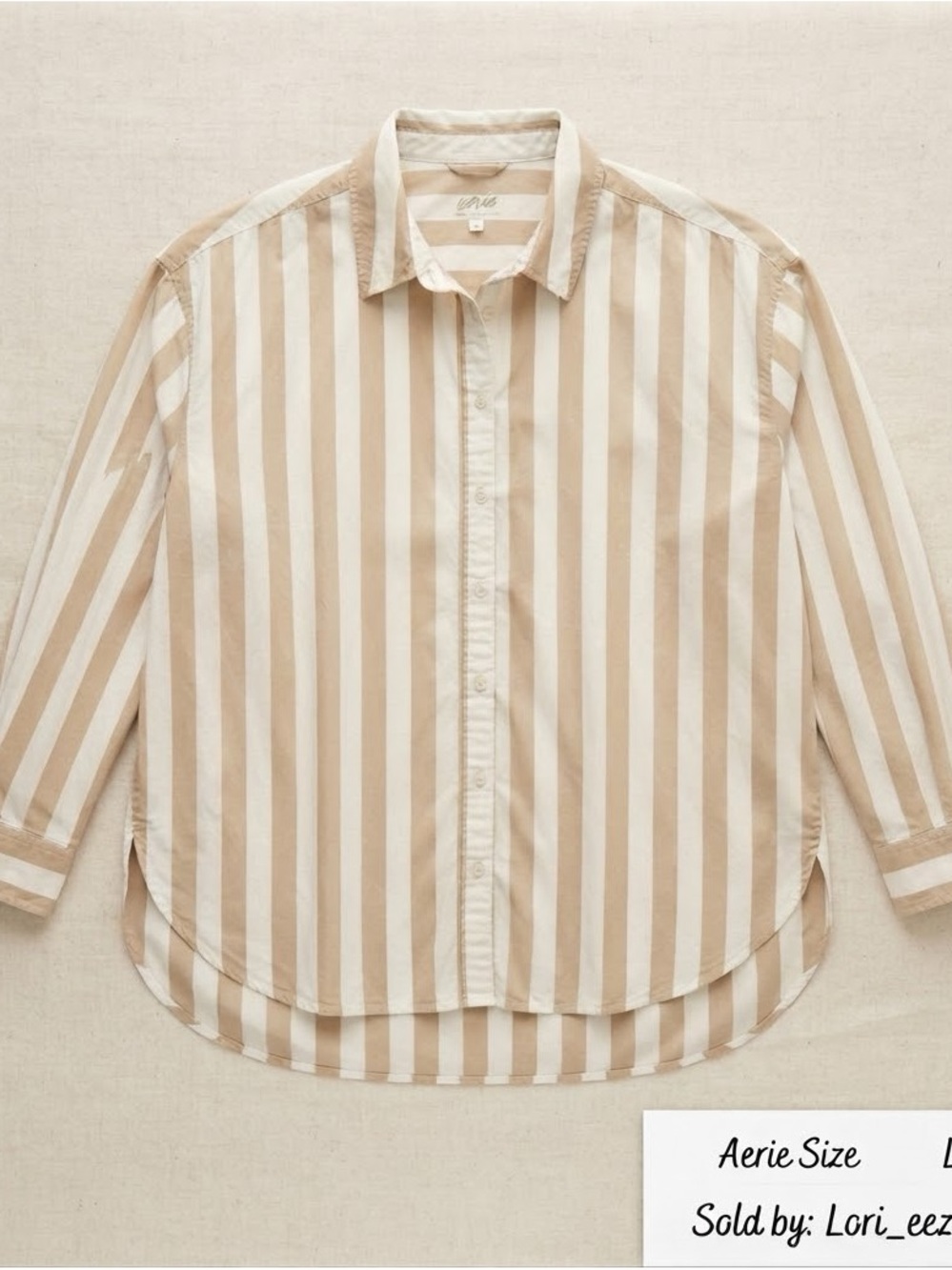 aerie Beige and White Vertical Stripe Button-Down Shirt